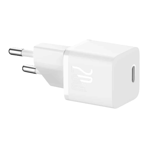 ראש מטען קיר מהיר Baseus GaN5 Fast Charger(mini) 1M 20W, צבע לבן, שנה אחריות יבואן רשמי 
