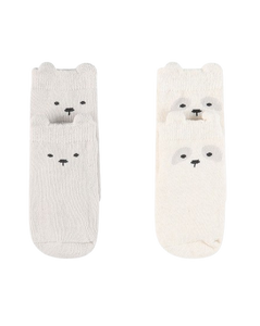 שני זוגות גרביים ארוכים למניעת החלקה - שמנת אפור -  0-6