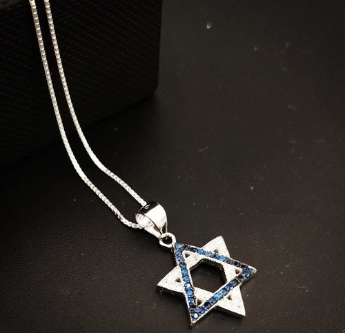 שרשרת לגבר עשוי כסף אמיתי 925 דגם RE22 מגן דוד אבנים כחולות