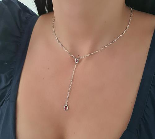 שרשרת לנשים עשוי כסף אמיתי 925 דגם WX33 מרובע טיפה נופלת אבן אדומה