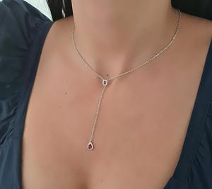 שרשרת לנשים עשוי כסף אמיתי 925 דגם WX33 מרובע טיפה נופלת אבן אדומה