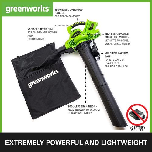 מפוח ושואב עלים GREENWORKS 48V דגם GD24X2BV מקצועי עם מנוע Brushless, מהירות 322 קמ