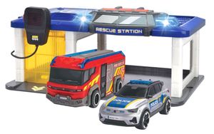 תחנת רכבי הצלה עם אורות וצלילים ושני רכבי הצלה, כולל מכשיר קשר למשחקי דמיון