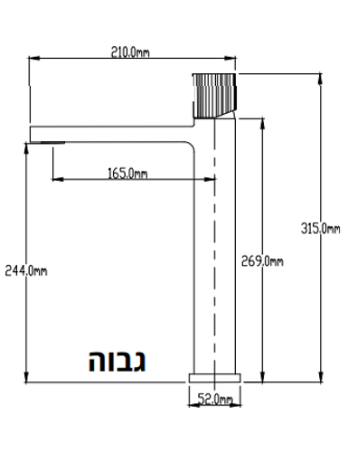 ברז אמבטיה VOUGE גבוה עם ידית מחורצת צבע שחור מט ציפוי PVD מק