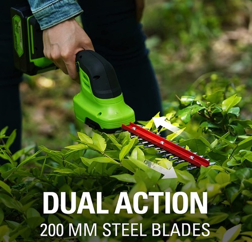 מגזמת שיחים וקוצץ שוליים GREENWORKS 24V דגם G24SHT עם מערכת להבים כפולה לגיזום מדויק