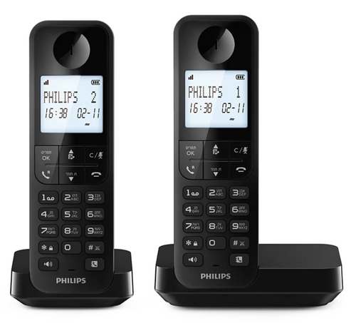 טלפון אלחוטי 2 שלוחות תפריט מובנה בעברית Philips Dectphone D2702B/25
