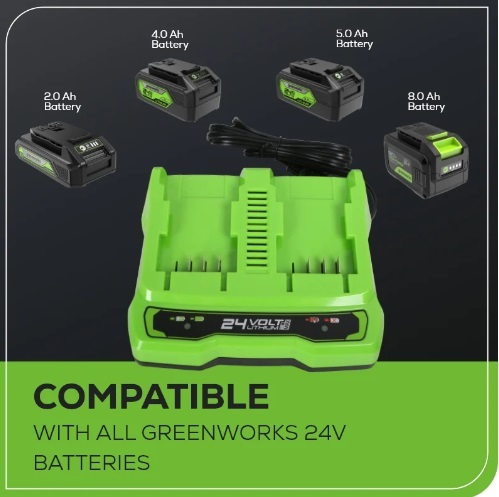 מטען GREENWORKS 24V דגם 99594-1 מקצועי עם שני תאי טעינה, זרם 4A ומערכת הגנה חכמה