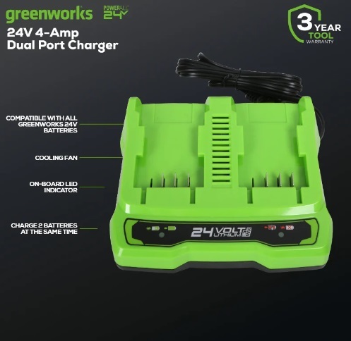 מטען GREENWORKS 24V דגם 99594-1 מקצועי עם שני תאי טעינה, זרם 4A ומערכת הגנה חכמה