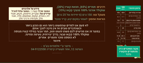 חטיף תמרים במילוי חמאת קשיו מצופה שוקולד 100% קקאו - שקד תבור 