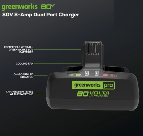 מטען כפול GREENWORKS 80V דגם 99559 מקצועי עם שני תאי טעינה, מאוורר מובנה וחיווי LED חכם