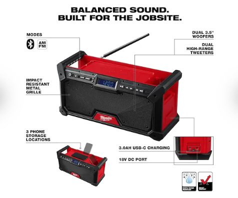 רמקול רדיו נטען 18V בלוטוס Milwaukee M18 2952-20