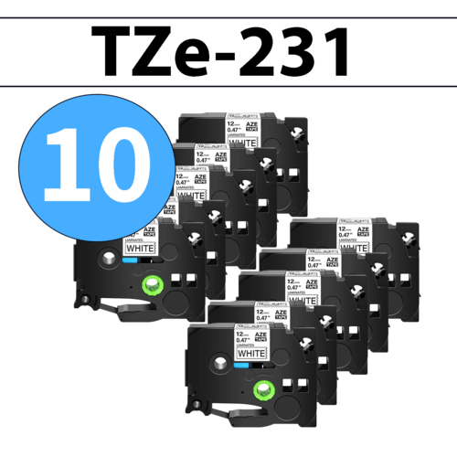 מארז 10 סרטי מדבקה TZe-231 תואמים פרימיום שחור על לבן 12 מ״מ