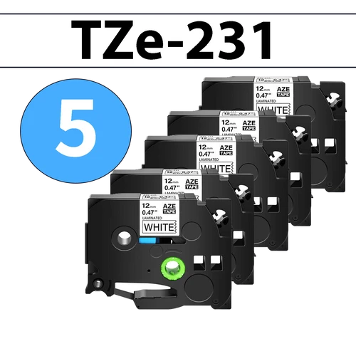מארז 5 סרטי מדבקה TZe-231 תואמים פרימיום שחור על לבן 12 מ״מ