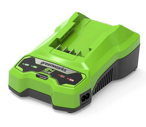 מטען GREENWORKS 24V דור 2 דגם 99587 עם מערכת חיווי LED חכמה, טעינה מהירה ואפשרויות התקנה מגוונות לשימוש מקצועי