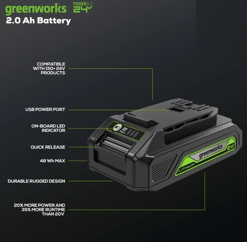 סוללת ליתיום GREENWORKS 24V 2.0Ah דור 2 דגם 99582-1 עם תאי Panasonic מתקדמים, טעינה מהירה ומערכת ניטור חכמה לביצועים מקצועיים