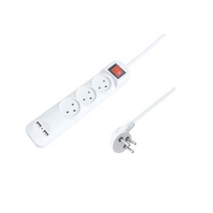 רב שקע 3 שקעים + 2 שקעי USB וכבל 1 מטר