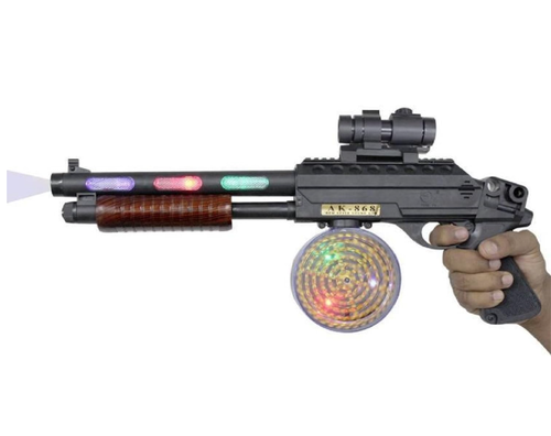 מקלע עם אור וקול AK-868 ומיכל למחסניות זהוב ומבריק ניתן לסובב אותו 