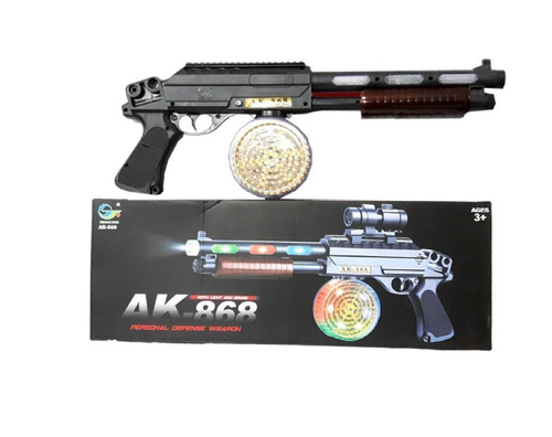 מקלע עם אור וקול AK-868 ומיכל למחסניות זהוב ומבריק ניתן לסובב אותו 