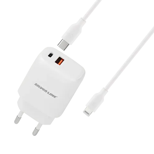 מטען קיר מהיר PD20W + QC3.0 18W בצבע לבן מבית SILVER LINE סילבר ליין