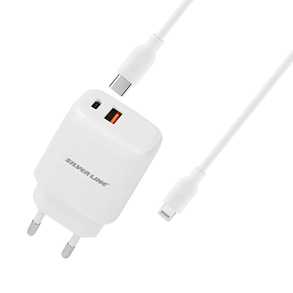 מטען קיר מהיר PD20W + QC3.0 18W בצבע לבן מבית SILVER LINE סילבר ליין