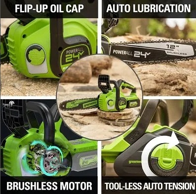 מסור שרשרת GREENWORKS 24V עם להב OREGON 10