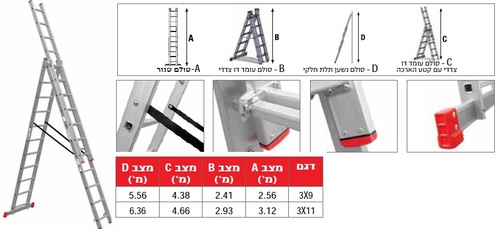 סולם אלומיניום מתארך ג 10X3 שלבים גובה 6.40 מטר KAPRO 0310