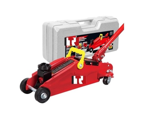 ג'ק עגלה ROHER TOOLS בצבע אדום עם גלגלי תמרון כפולים, מבנה הידראולי מחוזק ומזוודת נשיאה אפורה קשיחה