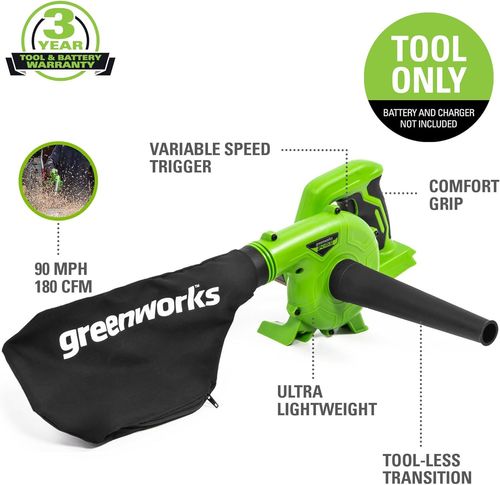 שואב/מפוח ברל'ה GREENWORKS 24V דגם 99506-7 במשקל נוצה לעבודות מקצועיות מדויקות