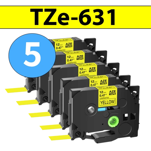 מארז 5 סרטי מדבקה TZe-631 תואמים פרימיום שחור על צהוב 12 מ״מ
