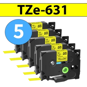 מארז 5 סרטי מדבקה TZe-631 תואמים פרימיום שחור על צהוב 12 מ״מ