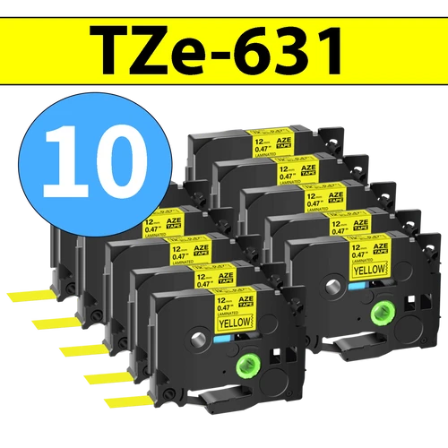 מארז 10 סרטי מדבקה TZe-631 תואמים פרימיום שחור על צהוב 12 מ״מ