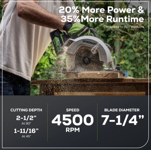מסור עגול GREENWORKS 24V מקצועי משלב מנוע Brushless, להב 185 מ