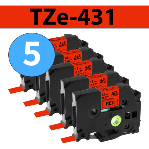 מארז 5 סרטי מדבקה TZe-431 תואמים פרימיום שחור על אדום 12 מ״מ