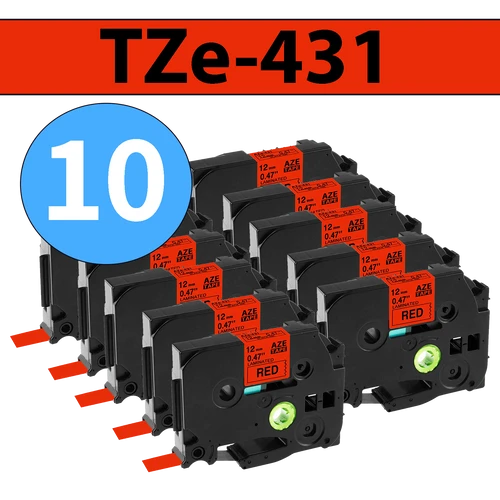 מארז 10 סרטי מדבקה TZe-431 תואמים פרימיום שחור על אדום 12 מ״מ