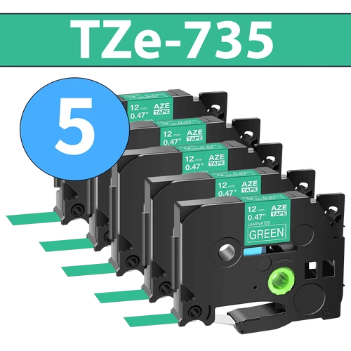 מארז 5 סרטי מדבקה TZe-735 תואמים פרימיום לבן על ירוק 12 מ״מ