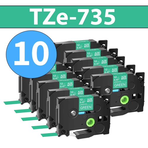 מארז 10 סרטי מדבקה TZe-735 תואמים פרימיום לבן על ירוק 12 מ״מ