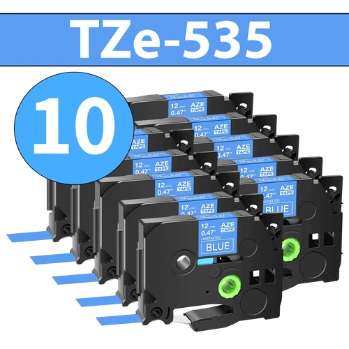 מארז 10 סרטי מדבקה TZe-535 תואמים פרימיום לבן על כחול 12 מ״מ