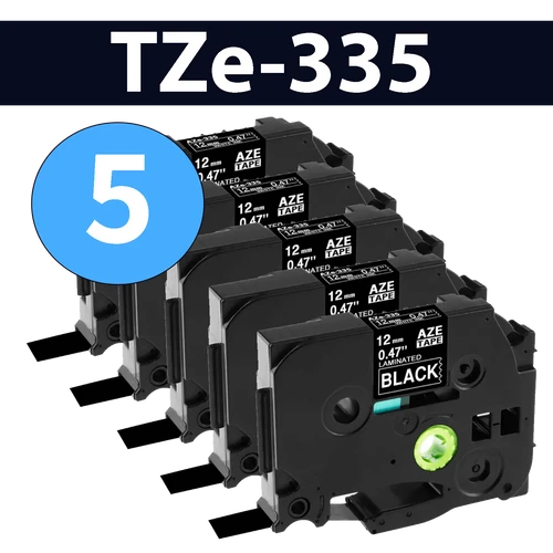 מארז 5 סרטי מדבקה TZe-335 תואמים פרימיום לבן על שחור 12 מ״מ