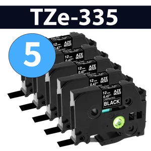 מארז 5 סרטי מדבקה TZe-335 תואמים פרימיום לבן על שחור 12 מ״מ