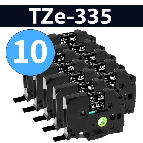 מארז 10 סרטי מדבקה TZe-335 תואמים פרימיום לבן על שחור 12 מ״מ