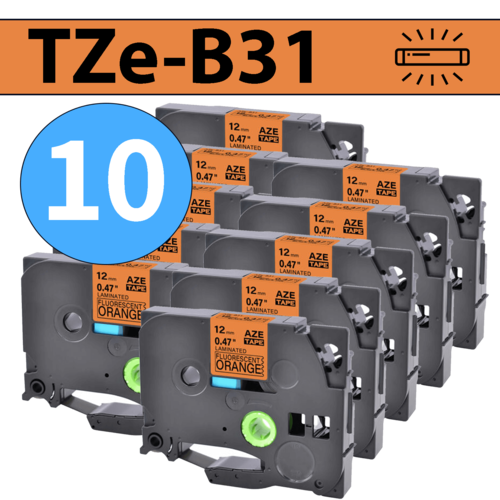 מארז 10 סרטי מדבקה TZe-B31 תואמים פרימיום שחור על כתום זוהר 12 מ״מ (לארונות חשמל, תקשורת ומקומות חשוכים)