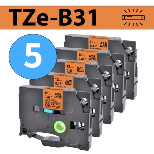מארז 5 סרטי מדבקה TZe-B31 תואמים פרימיום שחור על כתום זוהר 12 מ״מ (לארונות חשמל, תקשורת ומקומות חשוכים)