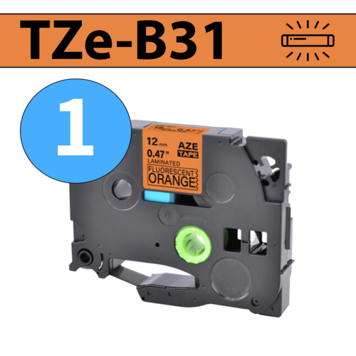 סרט מדבקה TZe-B31 תואם פרימיום שחור על כתום זוהר 12 מ״מ (לארונות חשמל, תקשורת ומקומות חשוכים)