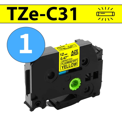 סרט מדבקה TZe-C31 תואם פרימיום שחור על צהוב זוהר 12 מ״מ (לארונות חשמל, תקשורת ומקומות חשוכים)
