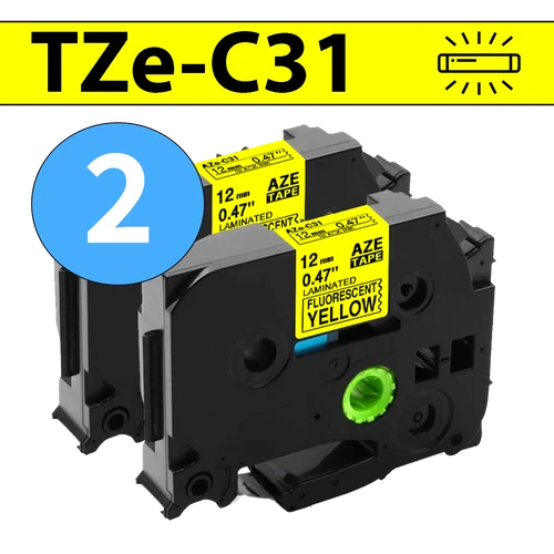 מארז 2 סרטי מדבקה TZe-C31 תואמים פרימיום שחור על צהוב זוהר 12 מ״מ (לארונות חשמל, תקשורת ומקומות חשוכים)