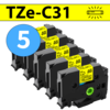 מארז 5 סרטי מדבקה TZe-C31 תואמים פרימיום שחור על צהוב זוהר 12 מ״מ (לארונות חשמל, תקשורת ומקומות חשוכים)