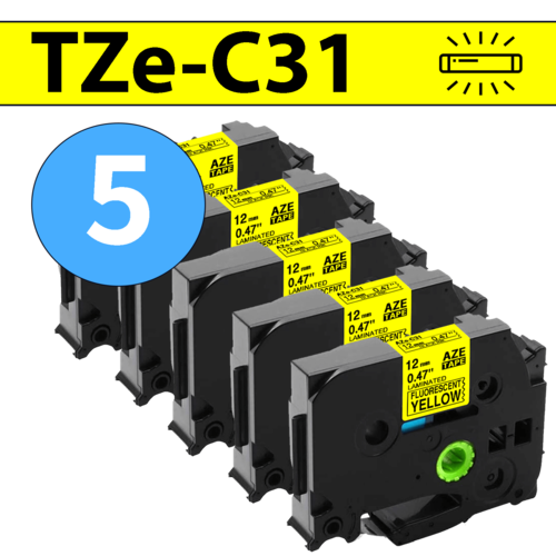 מארז 5 סרטי מדבקה TZe-C31 תואמים פרימיום שחור על צהוב זוהר 12 מ״מ (לארונות חשמל, תקשורת ומקומות חשוכים)