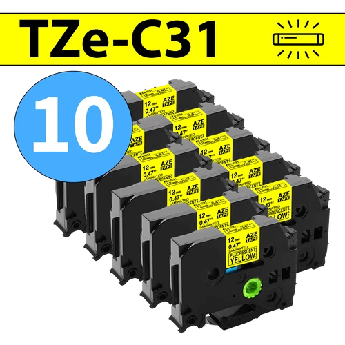 מארז 10 סרטי מדבקה TZe-C31 תואמים פרימיום שחור על צהוב זוהר 12 מ״מ (לארונות חשמל, תקשורת ומקומות חשוכים)