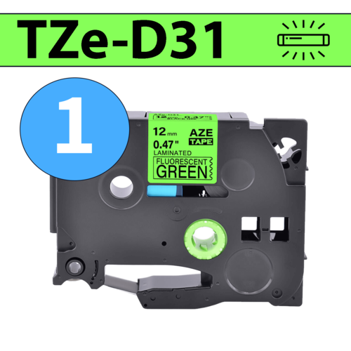 סרט מדבקה TZe-D31 תואם פרימיום שחור על ירוק זוהר 12 מ״מ (לארונות חשמל, תקשורת ומקומות חשוכים)