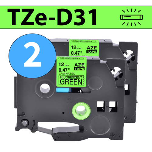 מארז 2 סרטי מדבקה TZe-D31 תואמים פרימיום שחור על ירוק זוהר 12 מ״מ (לארונות חשמל, תקשורת ומקומות חשוכים)